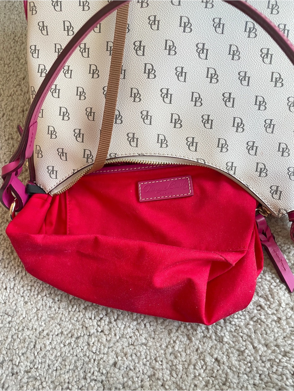 Dooney Bourke White Monogram Shoulder Bag with Pink Trim - Gretta Twist Strap - Picture 11 of 17